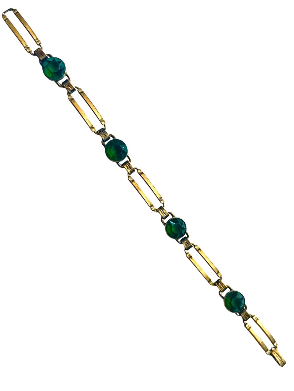 Vtg Art Deco ENGEL BROTHERS 1/20 10k Gold Filled Green Glass Link Bracelet